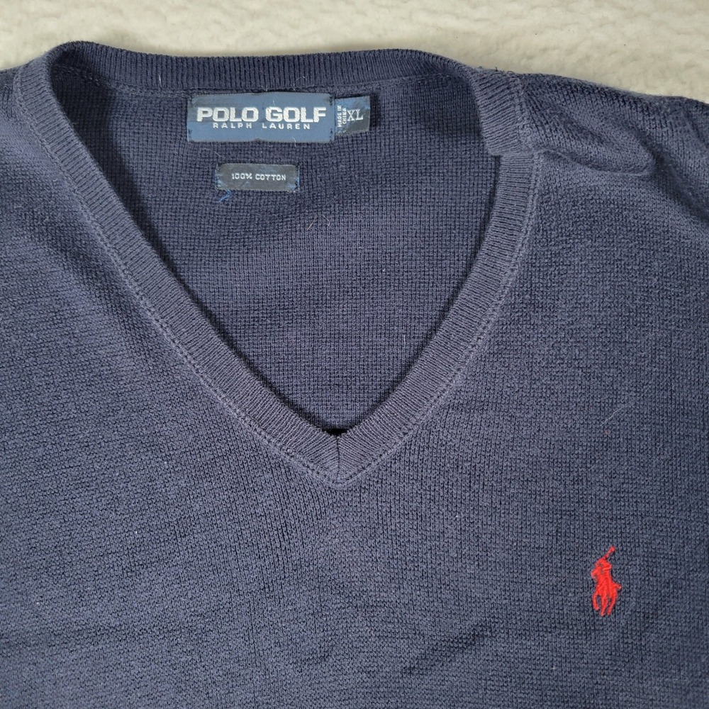 Polo Golf Ralph Lauren Sweater Vest Mens XL Navy Blue V-Neck Cotton Red Pony